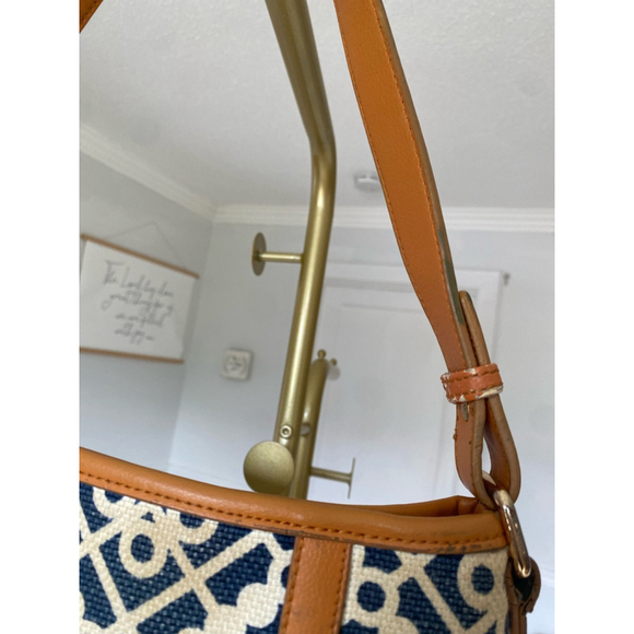 Spartina 449 Linen Leather Bag Daufuskie Island Geo Canvas Coastal Resort Prep - Picture 6 of 10